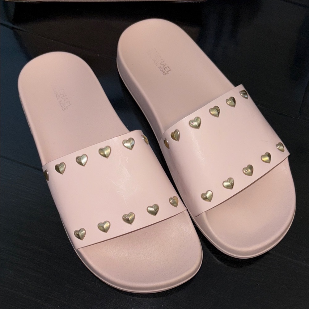 **SOLD**
Michel Kors Pink Slide Sandals with Gold Accents